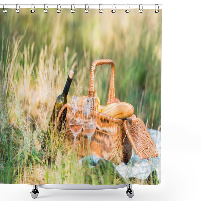 Personality  Wine Bottle, Basket With Loaves On Green Grass At Picnic Shower Curtains