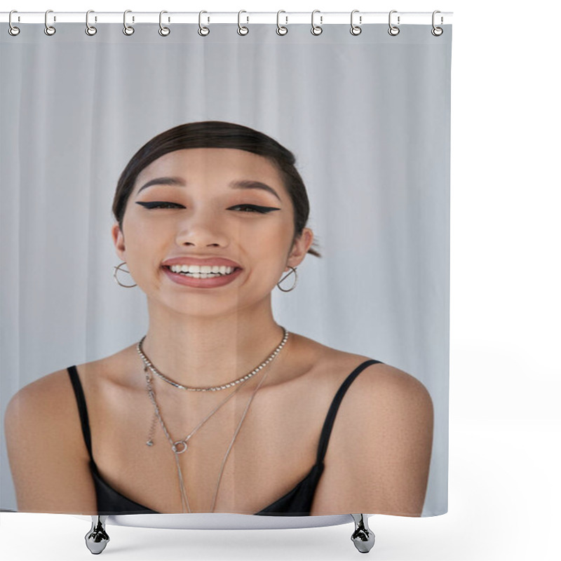 Personality  Portrait Of Young And Cheerful Asian Woman With Brunette Hair, Bold Makeup, Silver Necklaces And Earrings Looking At Camera On Grey Background, Generation Z, Spring Style Concept Shower Curtains