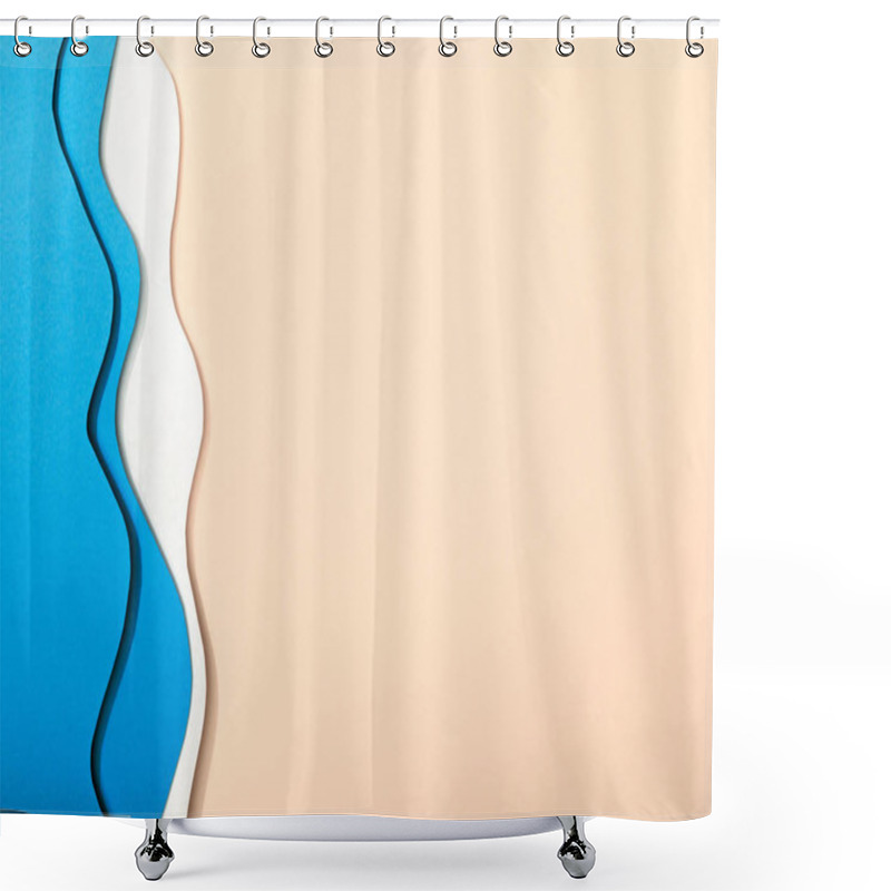 Personality  Top View Of Paper Beach With Golden Sand And Blue Ocean With Waves Shower Curtains