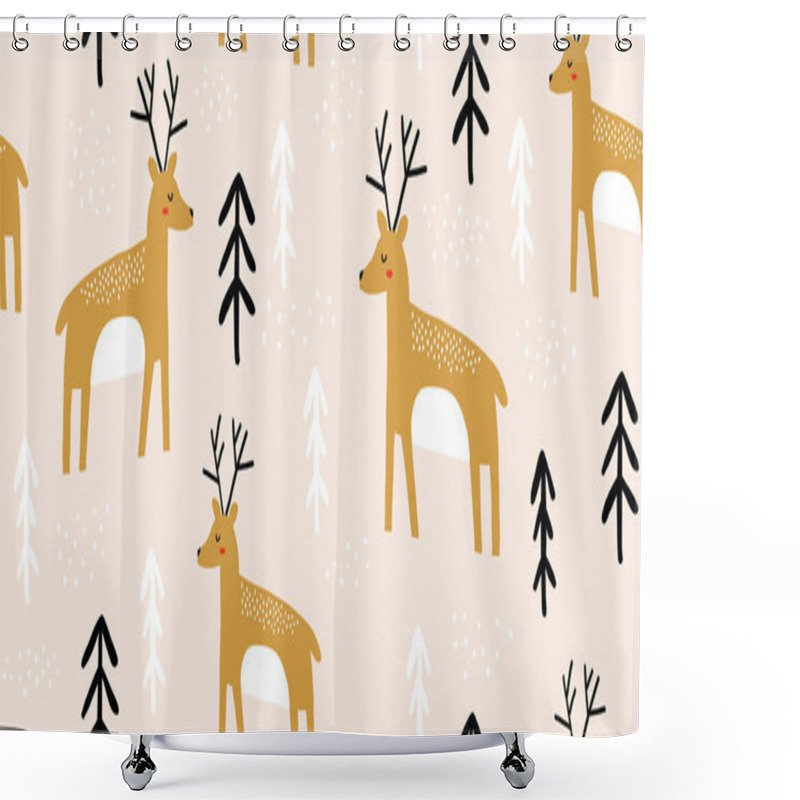 Personality  Childish Seamless Pattern With Deers And Pines Shower Curtains