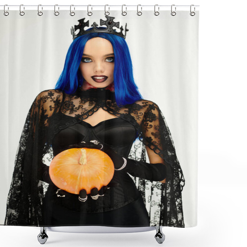 Personality  A Captivating Woman Wears A Halloween Outfit, Elegantly Holding A Bright Orange Pumpkin With Flair. Shower Curtains