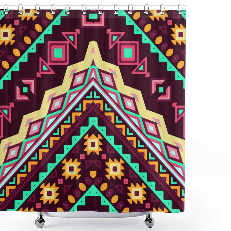 Personality  Seamless Hand Drawn Chevron Pattern With Aztec Ethnic And Tribal Ornament. Vector Dark And Bright Colors Boho Fashion Illustration. Shower Curtains