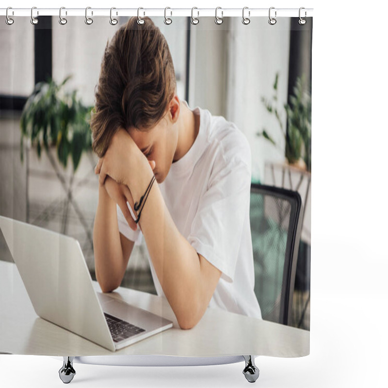 Personality  Sad Teen Boy In White T-shirt Using Laptop At Home Shower Curtains