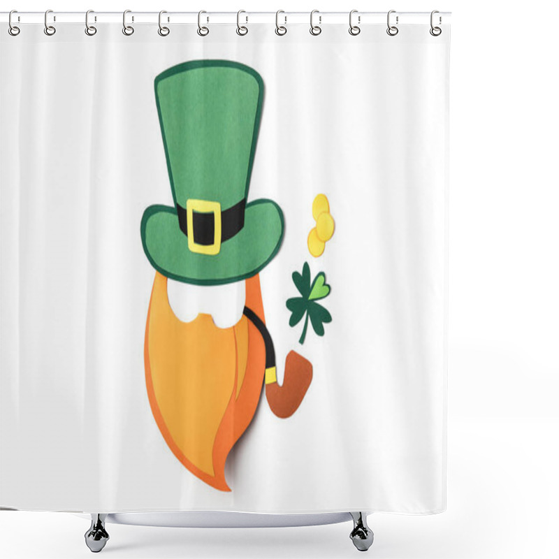 Personality  Top View Of Paper Decoration Of Leprechaun With Smoking Pipe For St Patricks Day Isolated On White Shower Curtains