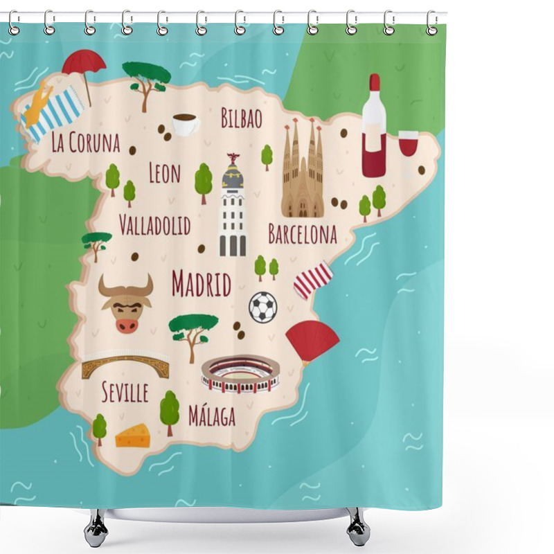 Personality  Cartoon Map Of Spain. Travel Illustration With Spanish Landmarks, Buildings, Food And Plants. Funny Tourist Infographics. National Symbols. Famous Attractions. Vector Illustration Shower Curtains