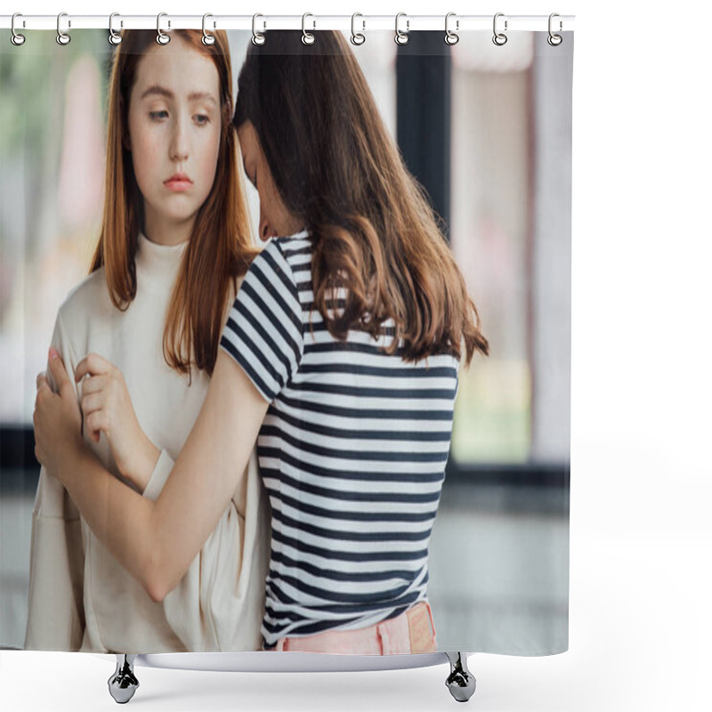 Personality  Teen Girl In Striped T-shirt Embracing And Supporting Sad Friend Shower Curtains