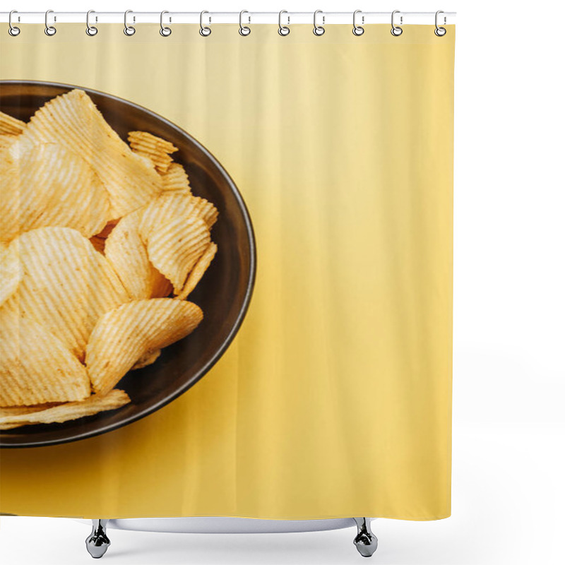 Personality  Top View Of Delicious Crispy Potato Chips In Bowl On Yellow Background Shower Curtains