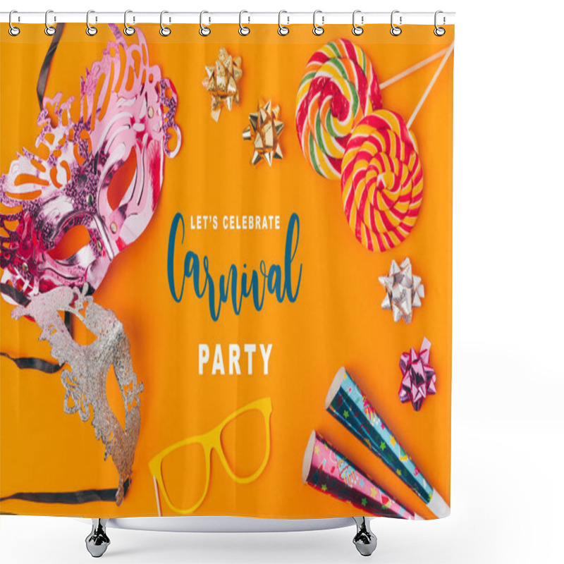 Personality  Flat Lay With Lollipops And Party Objects Isolated On Orange, Carnival Concept Shower Curtains