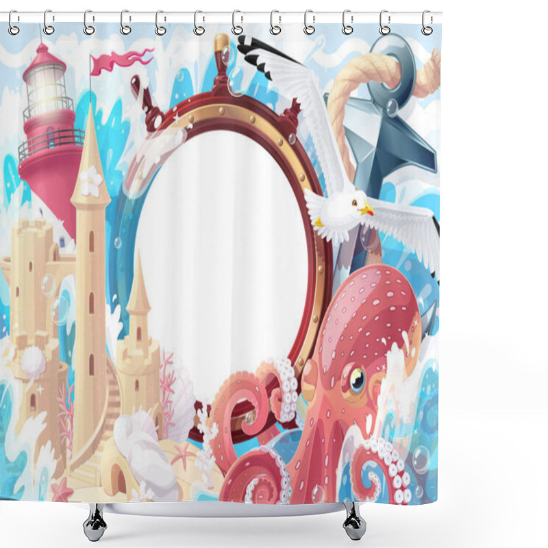 Personality  Vector Summer Sea Collage Photo Frame Shower Curtains