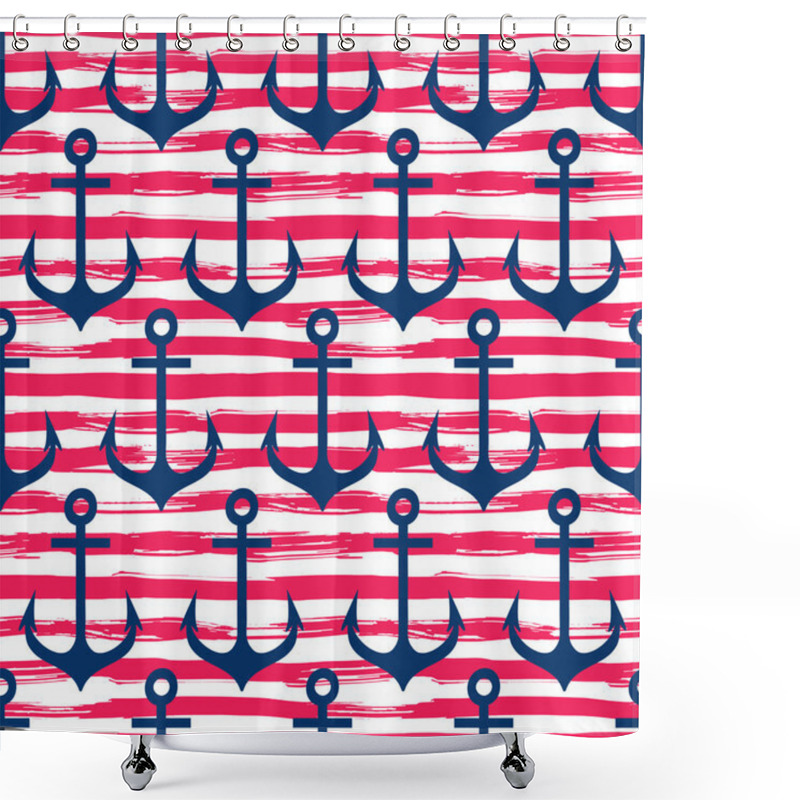 Personality  Hand Drawn Seamless Pattern. Anchors On Striped Background Shower Curtains