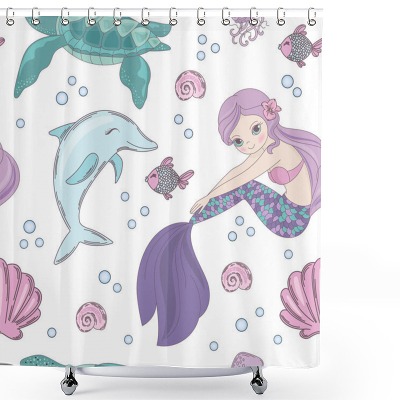 Personality  UNDERWATER WORLD Mermaid Princess Girl Underwater Tropical Sea Ocean Travel Cruise Vacation Seamless Pattern Vector Illustration For Print Fabric And Digital Paper Shower Curtains