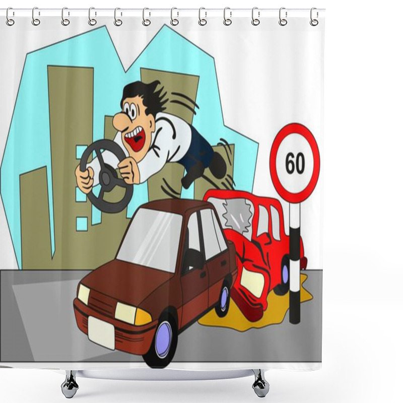 Personality  Car Accident Conceptual Drawing Showing Two Vehicles Involved And The Driver Of Backside Car Thrown Out From The Front Glass With The Steering On His Hand As He Crossed Speed Limit And No Seat Belt No Safe Distance Shower Curtains