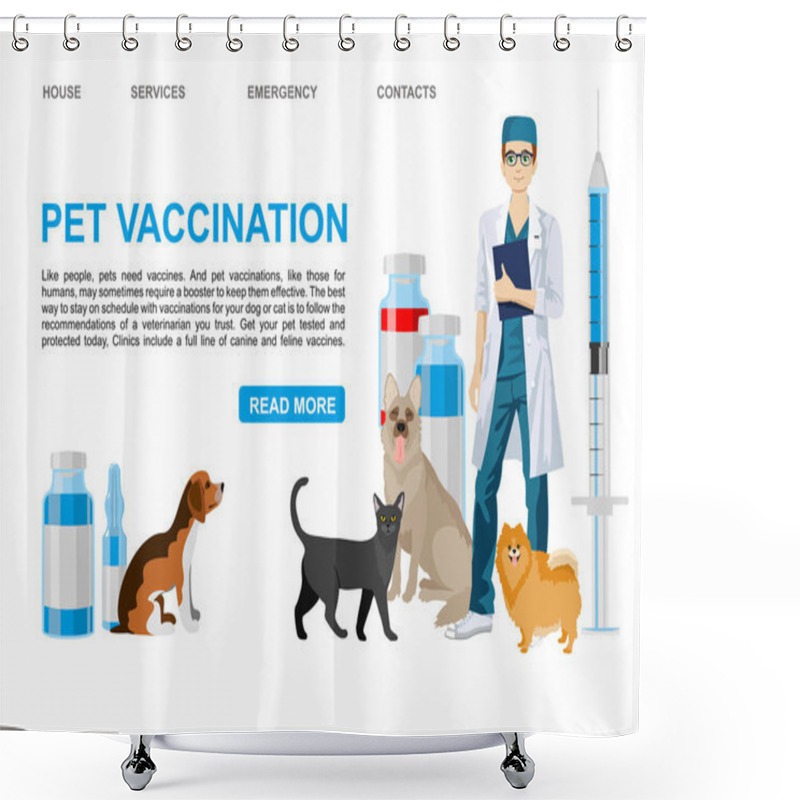 Personality  Pet Vaccination Landing Page. Veterinary Services - Vaccination. Pet Care Vector Banner Template. Veterinarian Dogs Cat Characters. Shower Curtains