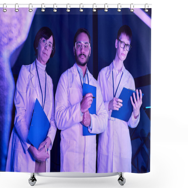 Personality  Futuristic Observation: Three Scientists Examine Newly Created Device In Neon-Lit Science Center Shower Curtains