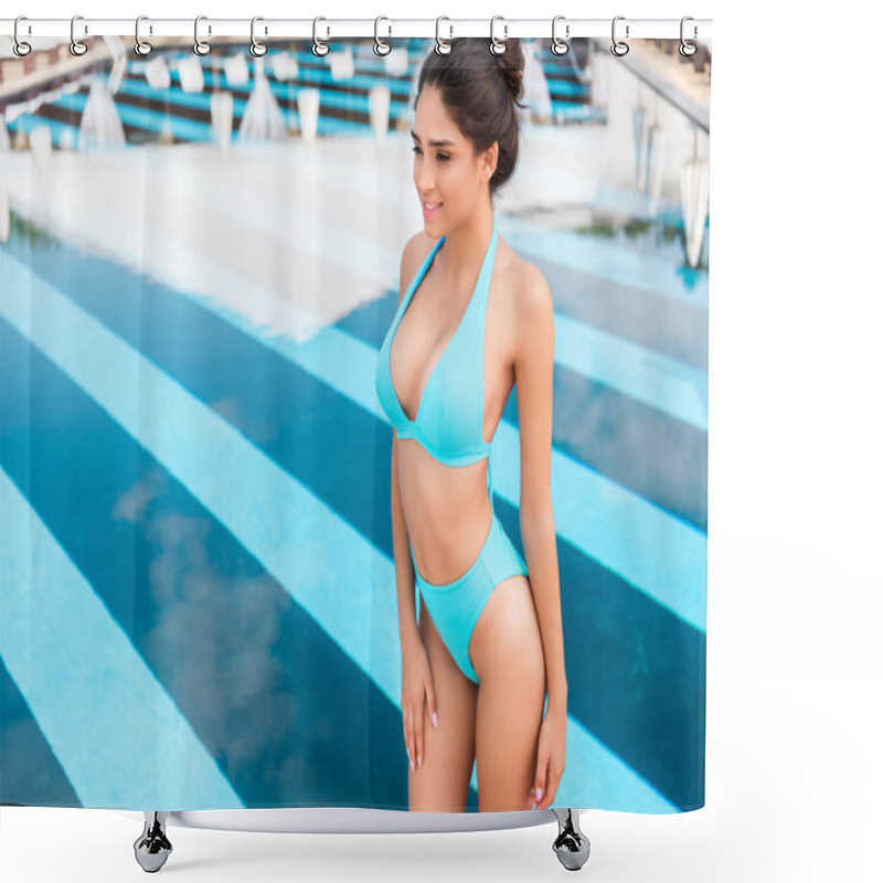 Personality  Beautiful Slim Girl Posing In Blue Bikini Near Swimming Pool Shower Curtains