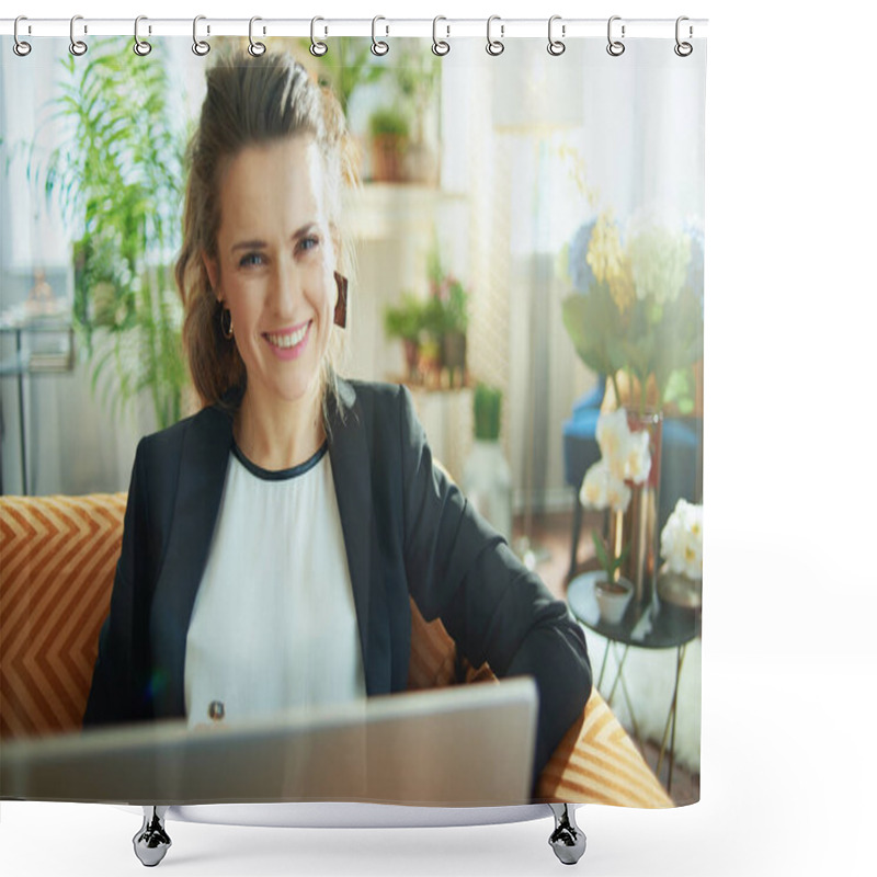 Personality  Happy Modern Female In White Blouse And Black Jacket At Modern Home In Sunny Day Using Website On A Laptop While Sitting On Sofa. Shower Curtains