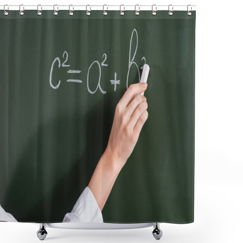 Personality  Cropped View Of Teacher Writing Equation On Chalkboard  Shower Curtains