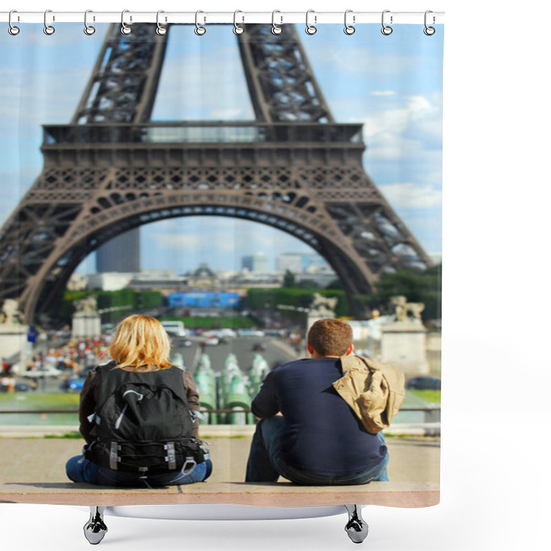 Personality  Young Tourists Enjoying The View Of Eiffel Tower In Paris, France. Shower Curtains