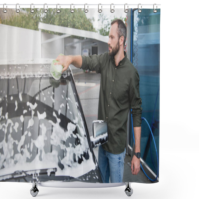 Personality  Side View Of Handsome Man Cleaning Car At Car Wash With Rag And Foam Shower Curtains