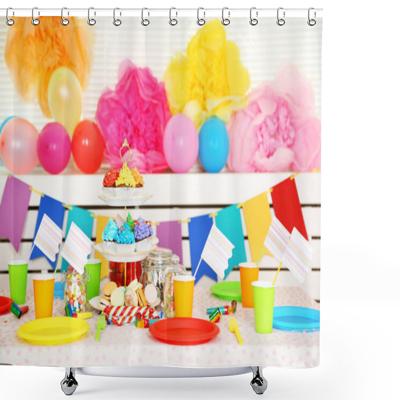 Personality  Prepared Birthday Table With Sweets For Children Party Shower Curtains