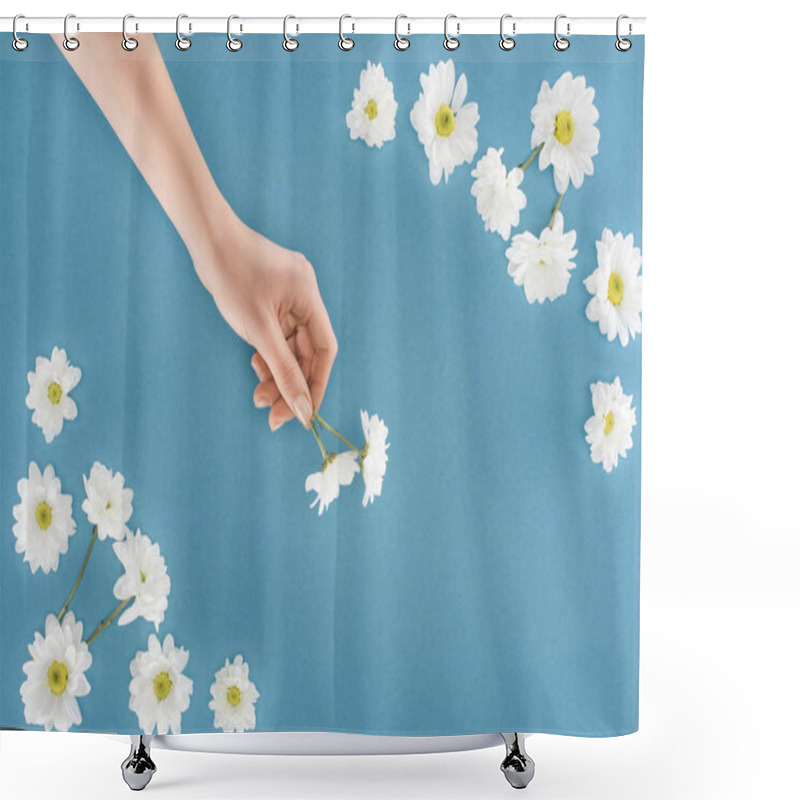 Personality  Cropped Image Of Female Hand With White Chrysanthemum Flowers Isolated On Blue Shower Curtains