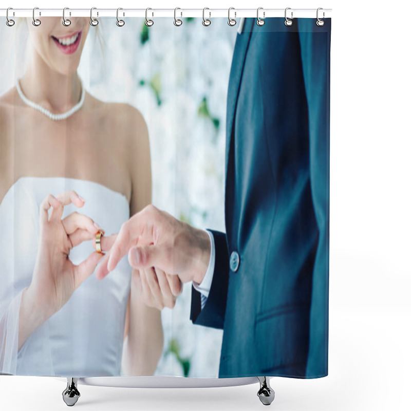 Personality  Cropped View Of Smiling Bride Putting Wedding Ring On Finger  Shower Curtains