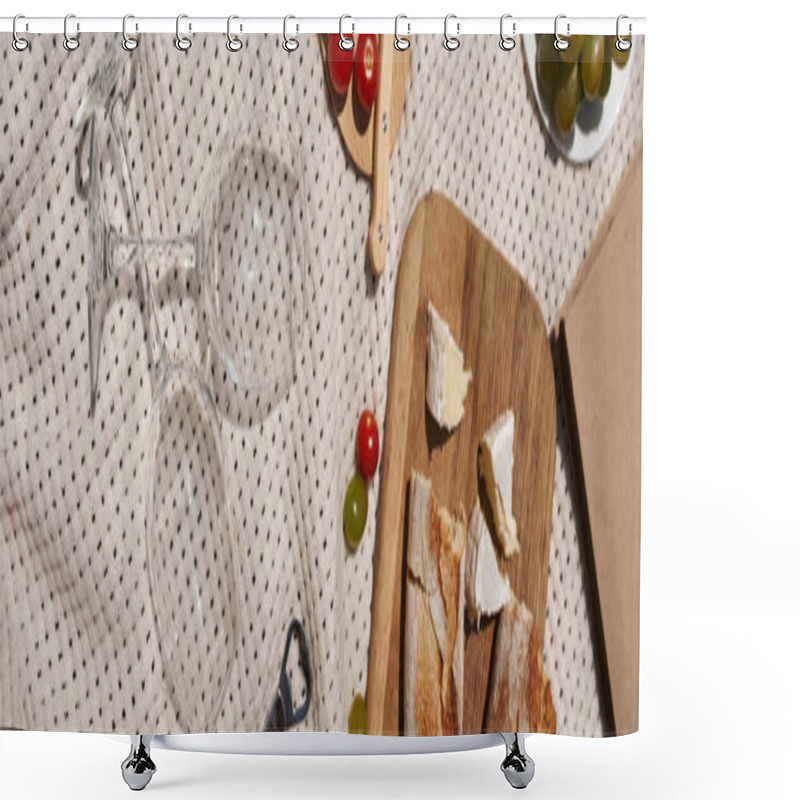 Personality  Summer Picnic Concept, Bread, Cheese, Cherry Tomatoes And Wine Glasses, Top View, Banner Shower Curtains