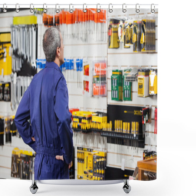 Personality  Worker With Hands On Hip In Hardware Store Shower Curtains