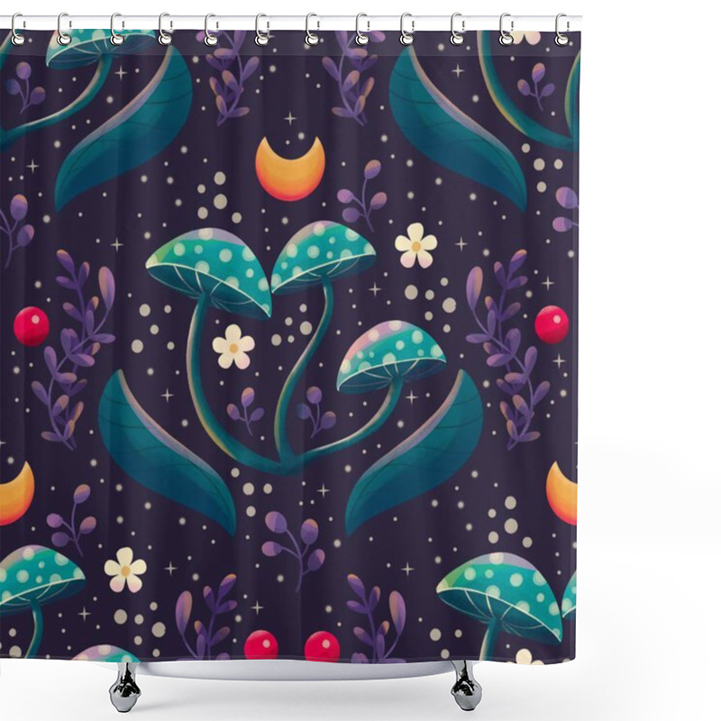 Personality  This Mesmerizing Seamless Pattern Transports You To A Magical Forest, Where Luminous Mushrooms Glow Under The Starry Night Sky. Delicate Flowers And Berries Add A Touch Of Whimsy To This Enchanting Scene. The Pattern Is Perfect For Creating A Dreamy  Shower Curtains