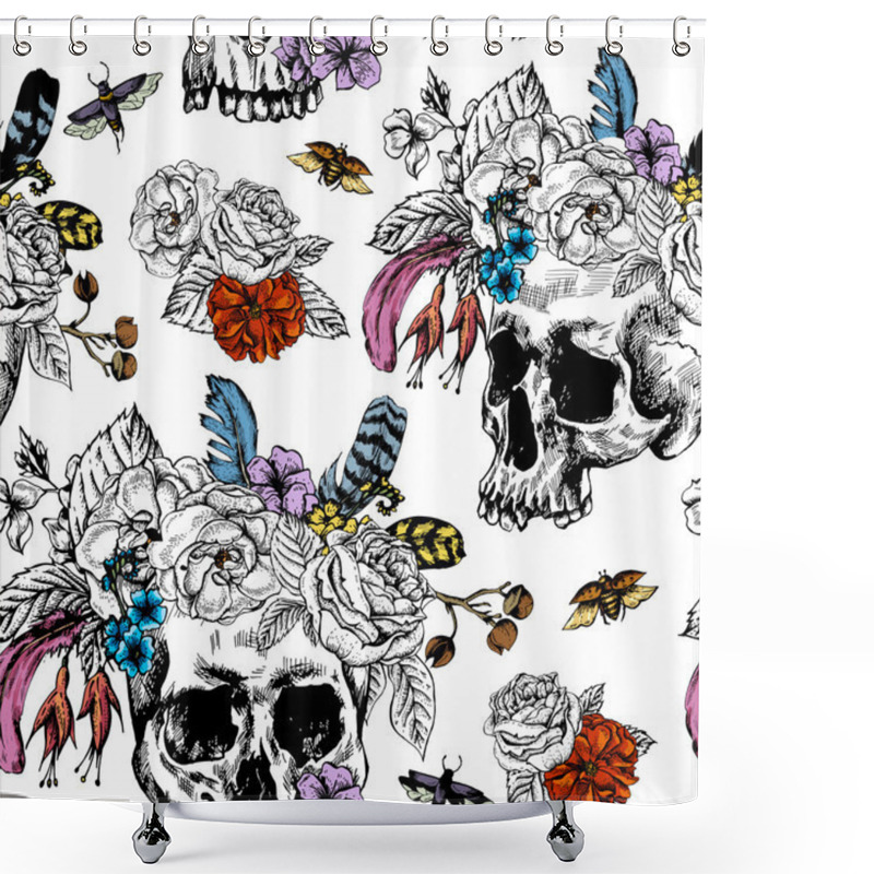 Personality  Vector Skull, Flowers Day Of The Dead, Black And White Shower Curtains