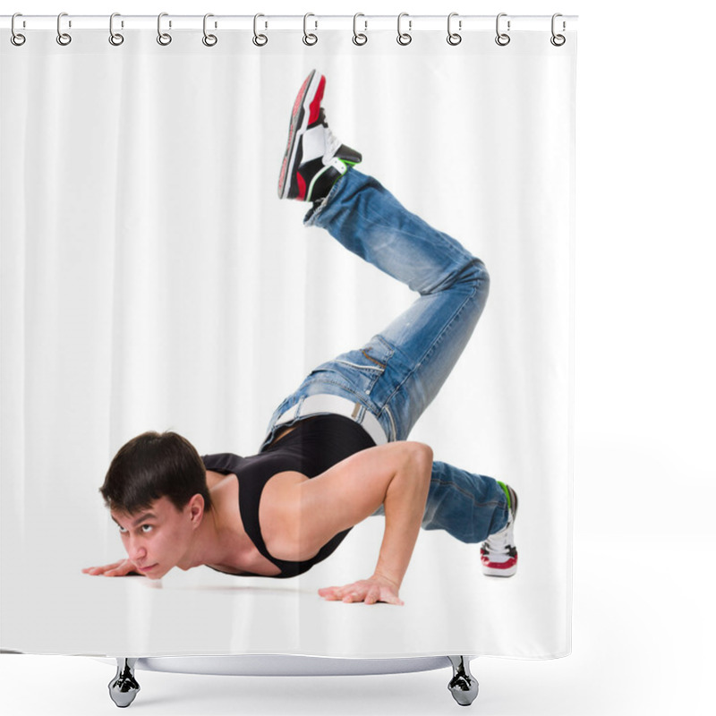 Personality  Young Break Dancer Showing His Skills On White Background Shower Curtains