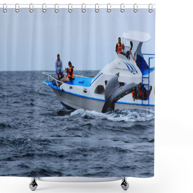 Personality  Puerto Lopez, Ecuador, 9-7-2019: A Whale Watching Boat With Tourist And A Tail Of A Whale In Front Of The Boat Shower Curtains