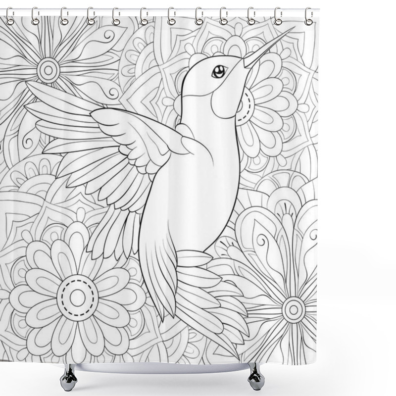 Personality  A Cute Flying Hummingbird On The Abstract Floral Background With Ornaments Image For Relaxing.A Coloring Book,page For Adults.Zen Art Style Illustration For Print.Poster Design. Shower Curtains