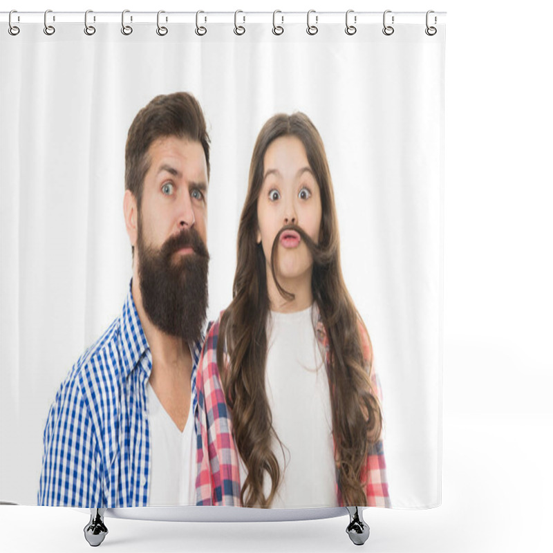 Personality  Moustache Is Under Your Nose. Father With Moustache And Beard Hair And Little Daughter With Long Hair. Bearded Man With Beard And Natural Moustache And Small Girl Making Fake Moustache With Her Hair. Shower Curtains