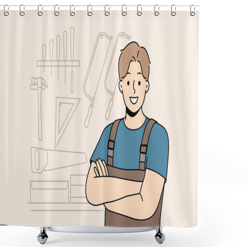 Personality  Smiling Male Carpenter In Unform And Glasses In Workshop. Happy Craftsman Posing In Woodwork Workroom. Vector Illustration.  Shower Curtains