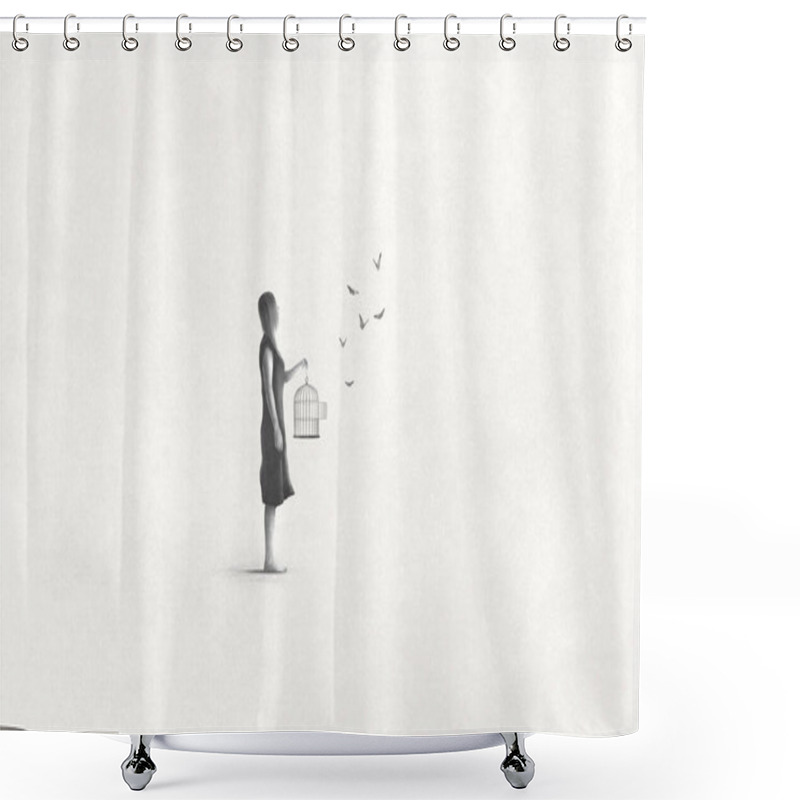 Personality  Illustration Of Woman Setting Free Butterfly, Freedom Surreal Abstract Concept Shower Curtains