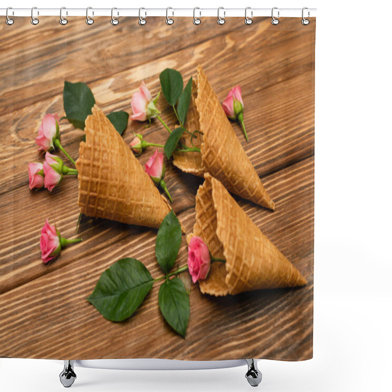 Personality  Pink Flowers With Leaves In Waffle Cones On Wooden Surface Shower Curtains