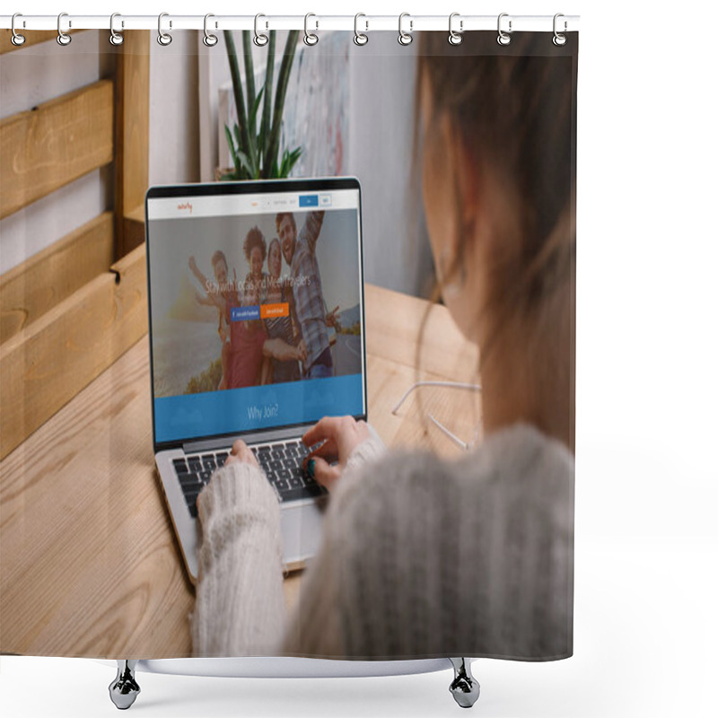 Personality  Cropped Image Of Girl Sitting With Laptop With Loaded Couchsurfing Page Shower Curtains