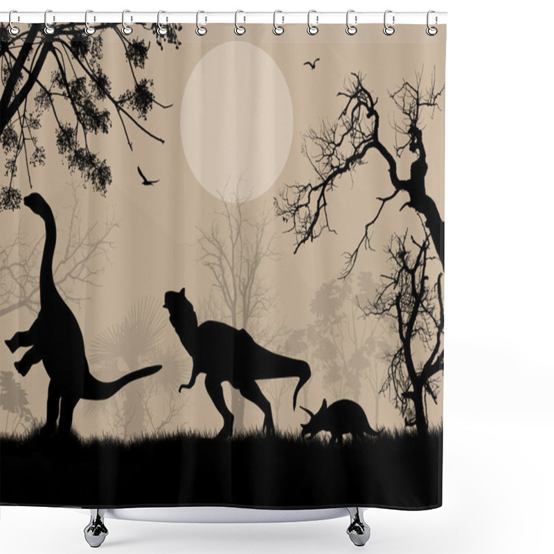 Personality  Dinosaurs Silhouettes In Beautiful Landscape Shower Curtains