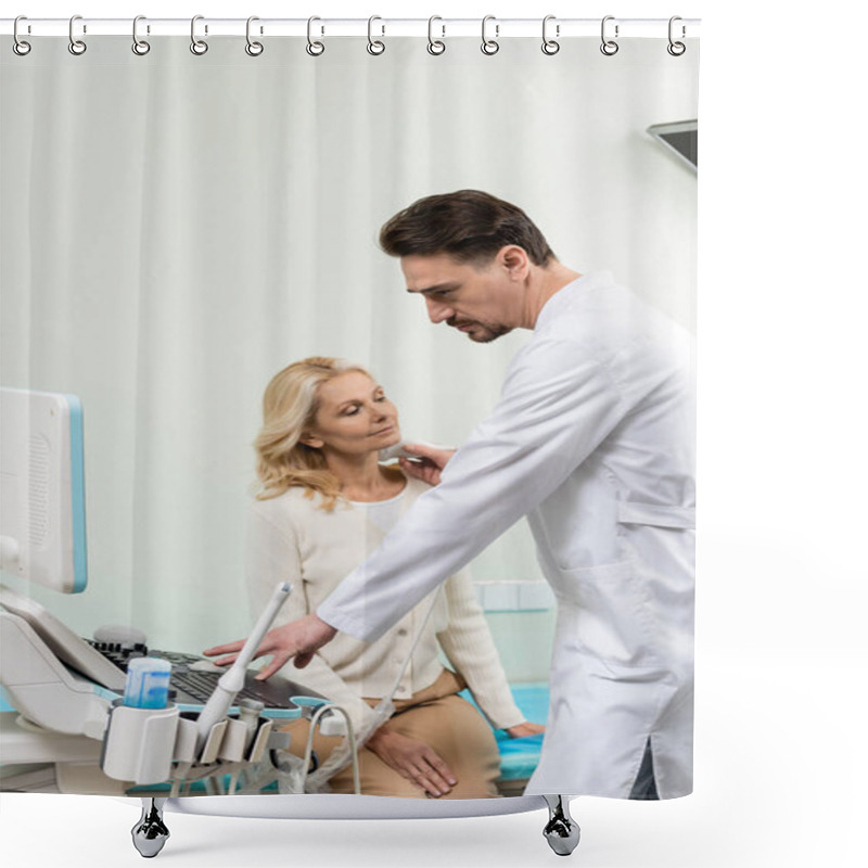 Personality  Serious Doctor Operating Ultrasound Machine While Doing Diagnostics Of Mature Woman Shower Curtains