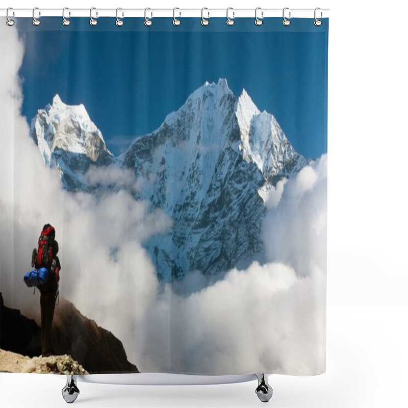 Personality  Kangtega And Thamserku With Tourist - Beautiful Mounts Above The Namche Bazar On The Way To Everest Base Camp - Nepal Shower Curtains