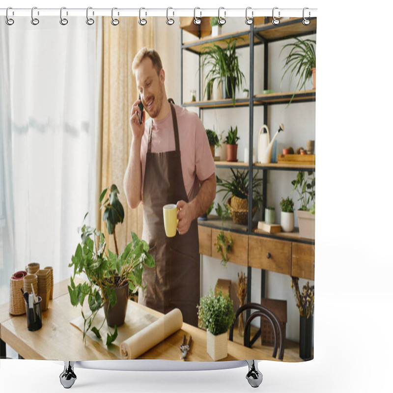 Personality  Man Stands In Kitchen, Talking On Cell Phone, Multitasking In Small Business Environment. Shower Curtains