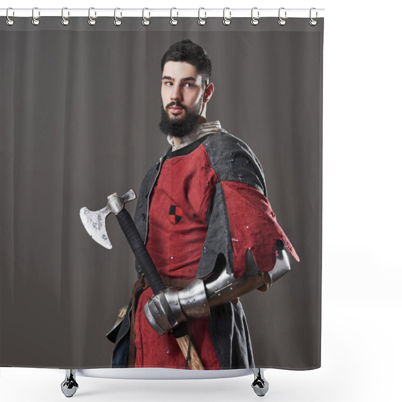 Personality  Medieval Knight On Grey Background. Portrait Of Brutal Dirty Face Warrior With Chain Mail Armour Red And Black Clothes And Battle Axe. Shower Curtains