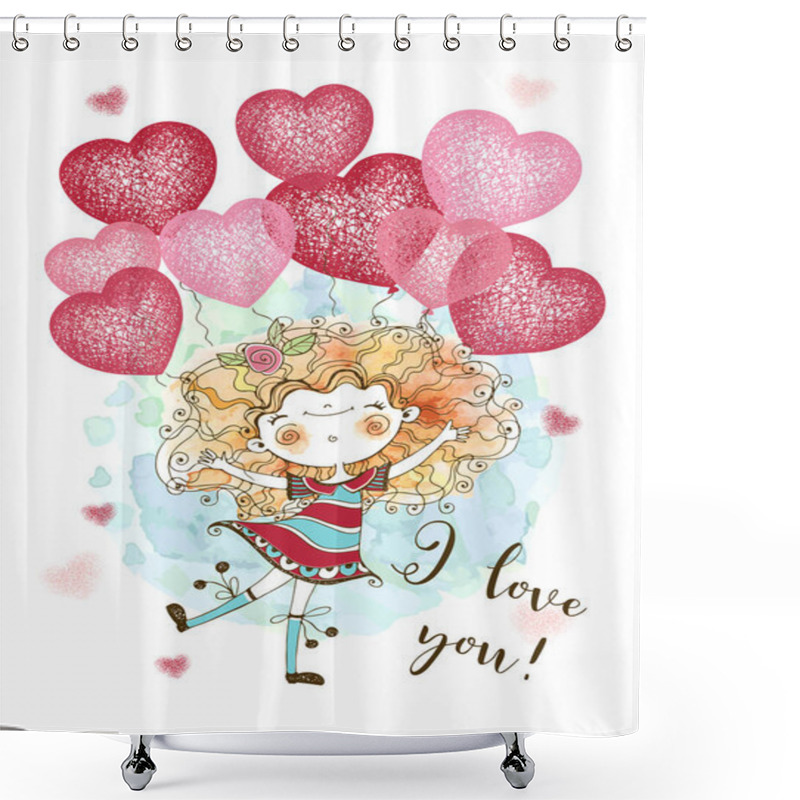 Personality  A Valentine's Day Card. Cute Girl With Balloons In The Form Of Hearts. Be My Valentine. Vector. Shower Curtains