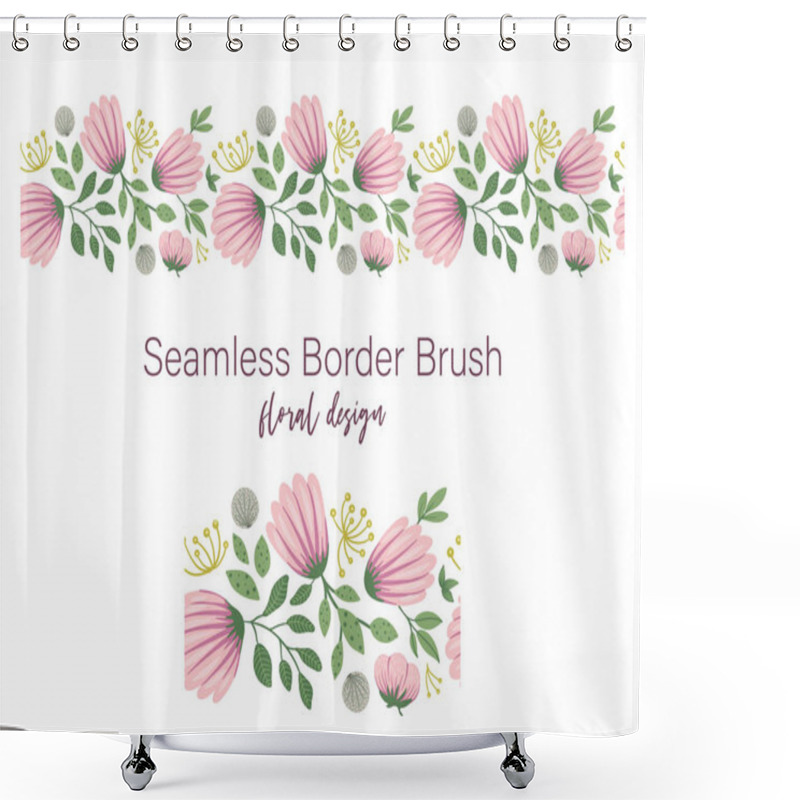 Personality  Vector Seamless Pattern Brush Of Green Leaves With Pink Flowers  Shower Curtains