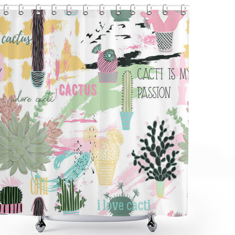 Personality  Seamless Pattern With Cactuses, Succulents, Brush Strokes And Typography Elements. Abstract Patchwork Background. Vector Illustration  Shower Curtains