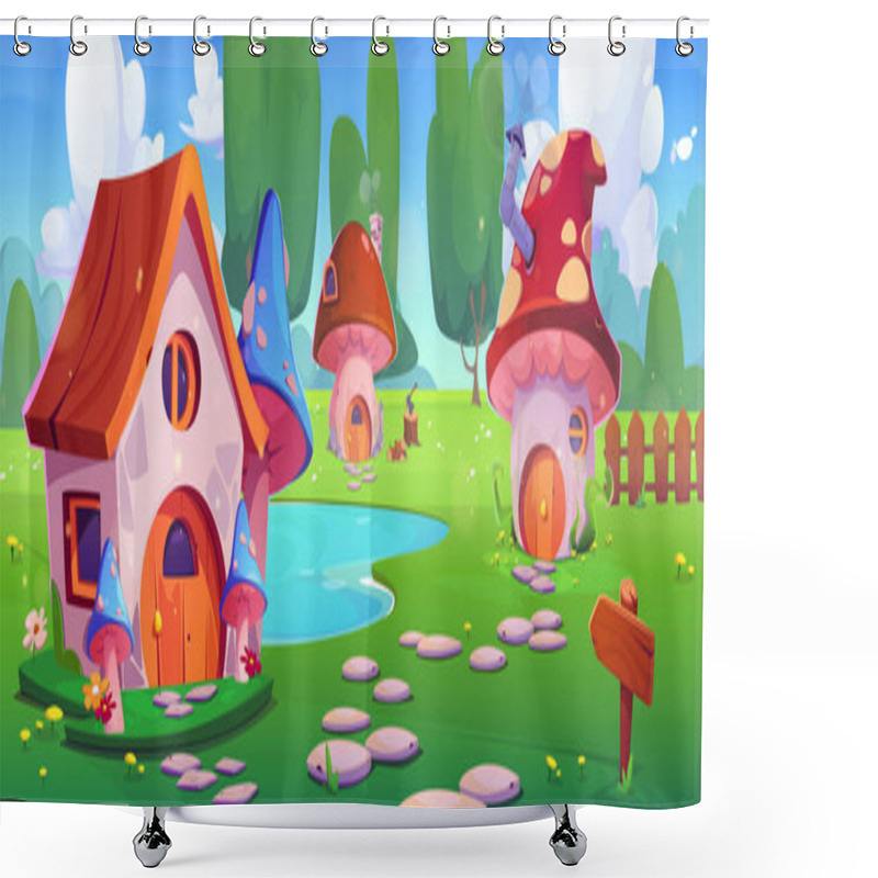 Personality  Fairy Tale Landscape With Gnome Or Animal Mushroom Houses - Elf Cottage With Roof, Blue Spotted Toadstools, Tiny Brown Dwelling Near Lake. Fantasy Village Scene With Stones Path, Wooden Fence, Flowers Shower Curtains