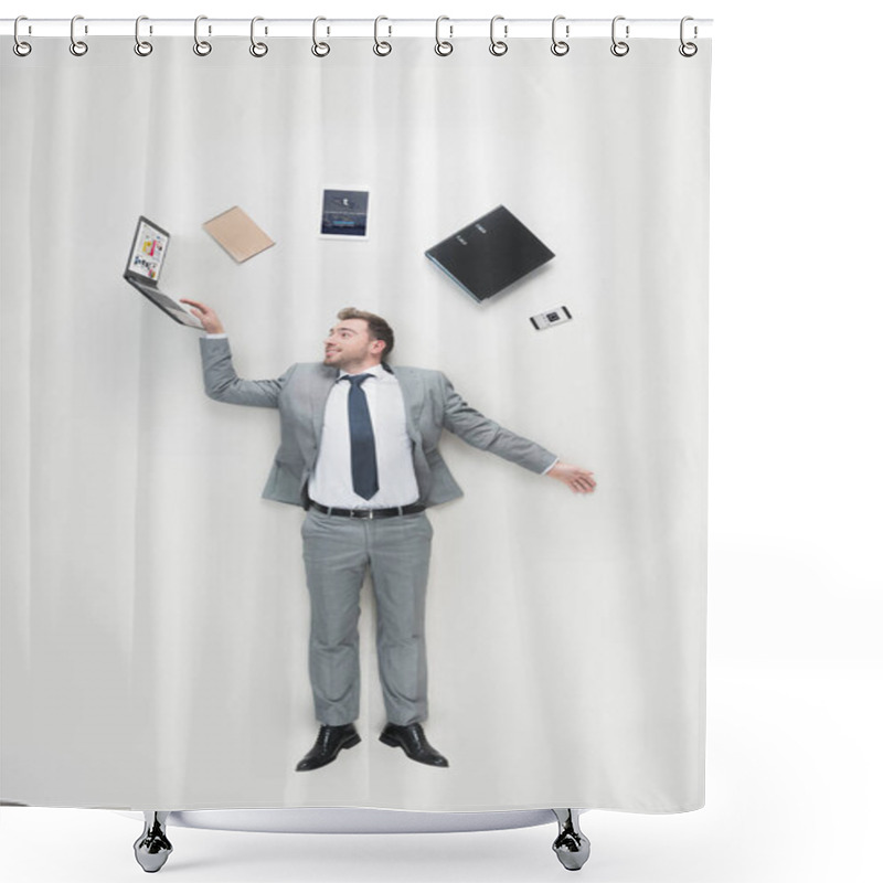 Personality  Overhead View Of Businessman With Office Supplies Above Head Using Laptop Isolated On Grey Shower Curtains