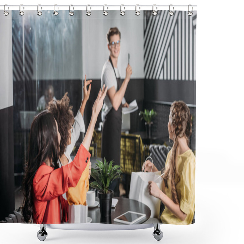 Personality  Group Of Stylish Multiethnic Women Calling Waiter In Cafe Shower Curtains