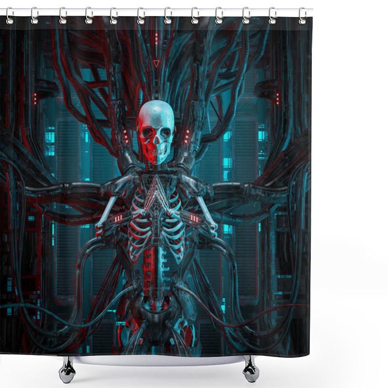 Personality  The Quantum Reaper / 3D Illustration Of Science Fiction Human Android Gamer Skeleton Hardwired To Computer Core Shower Curtains